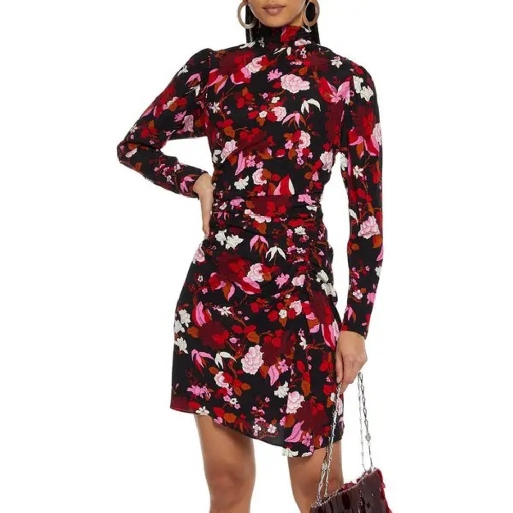 ALC Black Floral Silk Stretch Mock Neck Long Sleeve Mini Dress - US 2 / XS NWT